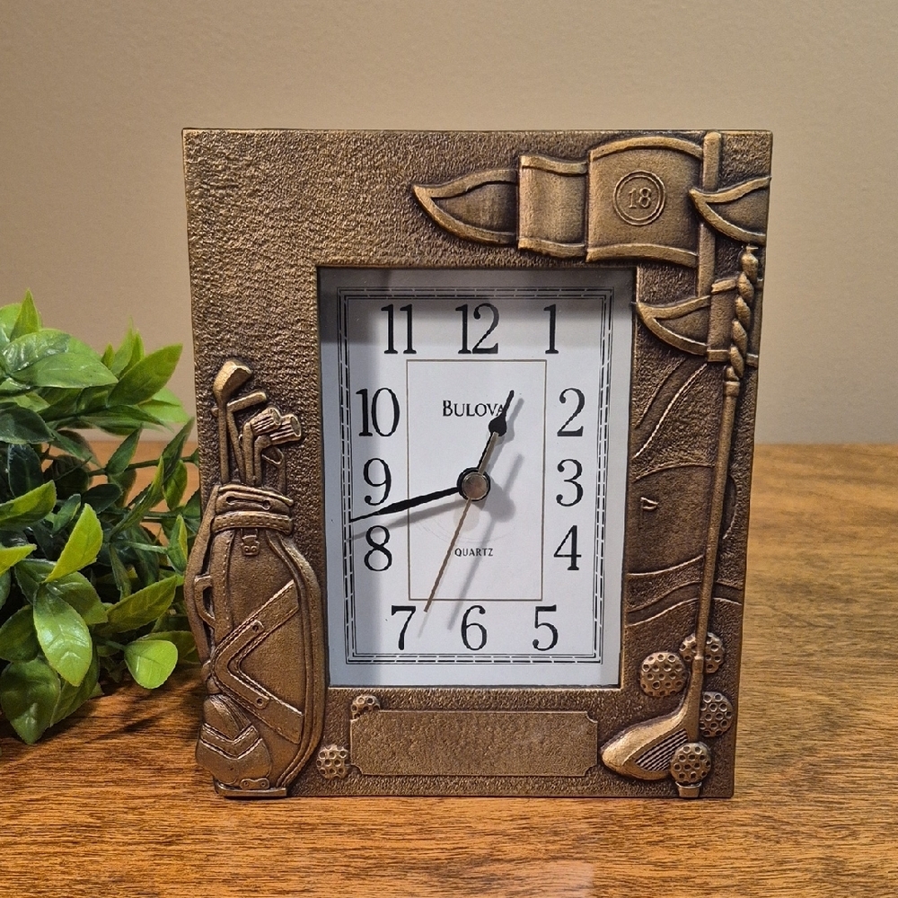 BULOVA Bronze Tone Golf Motif Desktop Clock Quartz Battery Operated Movement